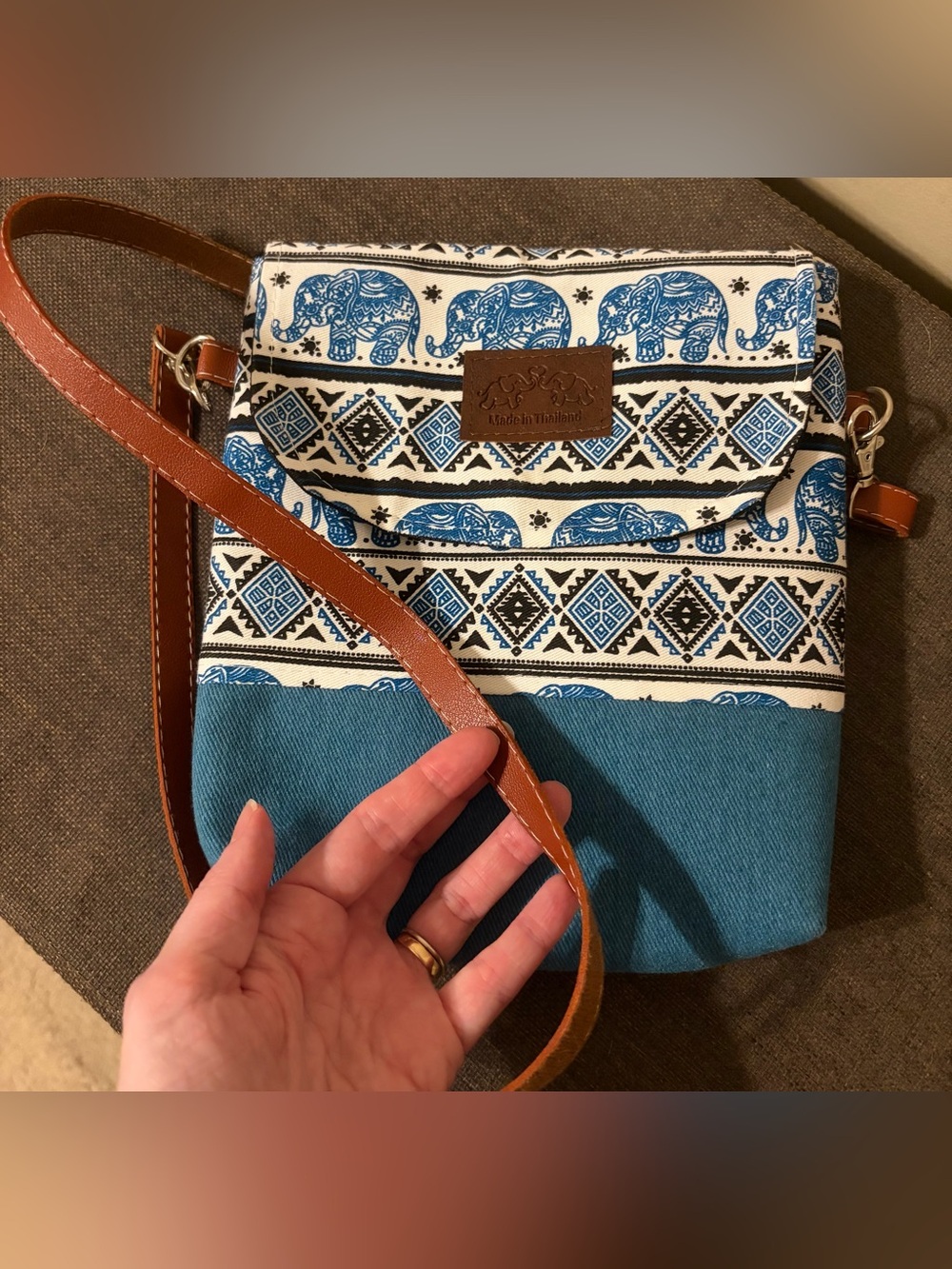 Canvas Elephant Print Crossbody Bag - Blue & Brown